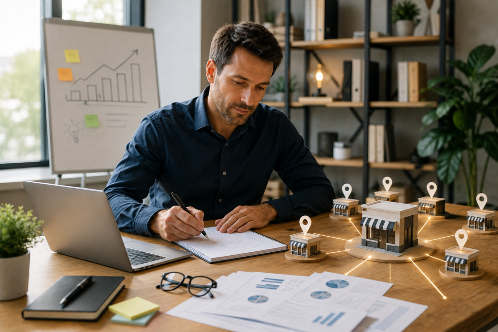Entrepreneur préparant son projet pour devenir franchiseur et développer un réseau de franchise