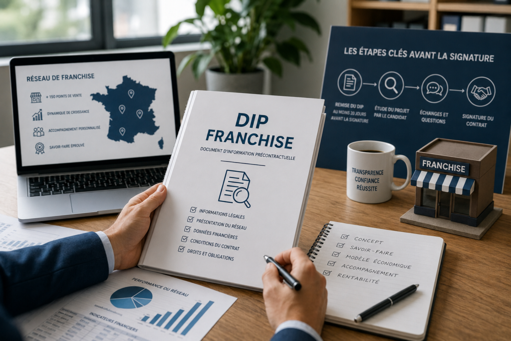 Franchiseur préparant le Document d'Information Précontractuelle avant la signature d'un contrat de franchise