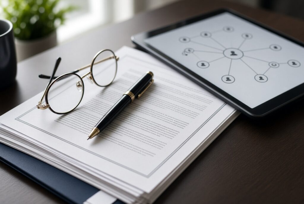 Documents juridiques et contrat de franchise sur un bureau professionnel, symbolisant les clauses essentielles à rédiger pour sécuriser la création et le développement d’un réseau de franchise.
